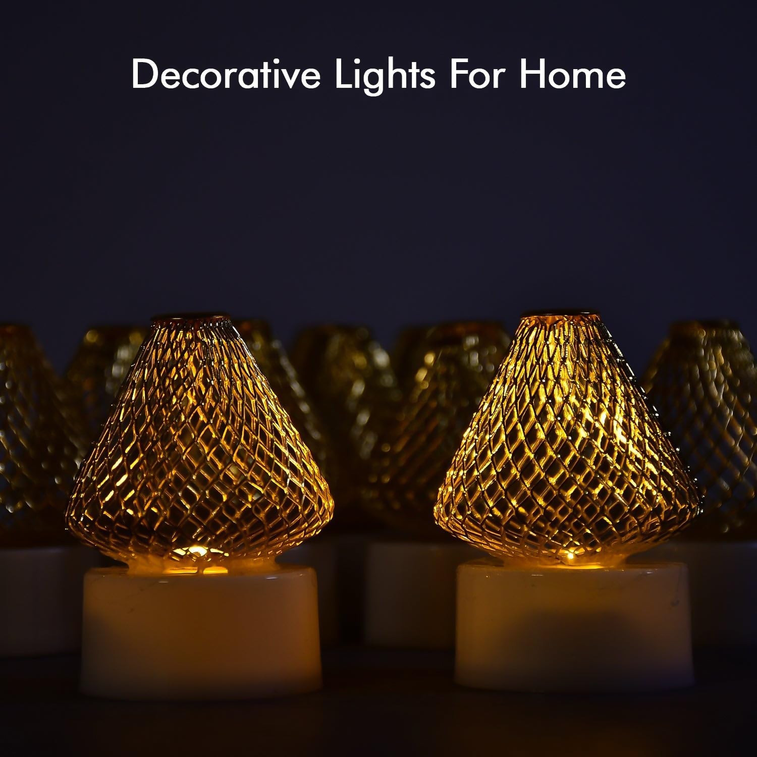 Pack of 12 LED flameless candle lights featuring elegant golden net cover design