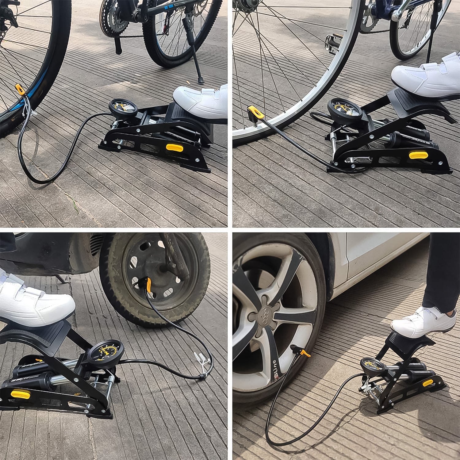 Close-up of the accurate pressure gauge and robust hose of the foot air pump.