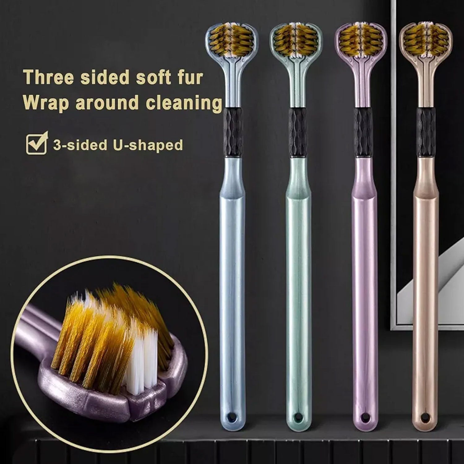 Another perspective of the 3-Sided Toothbrush, demonstrating its full coverage.