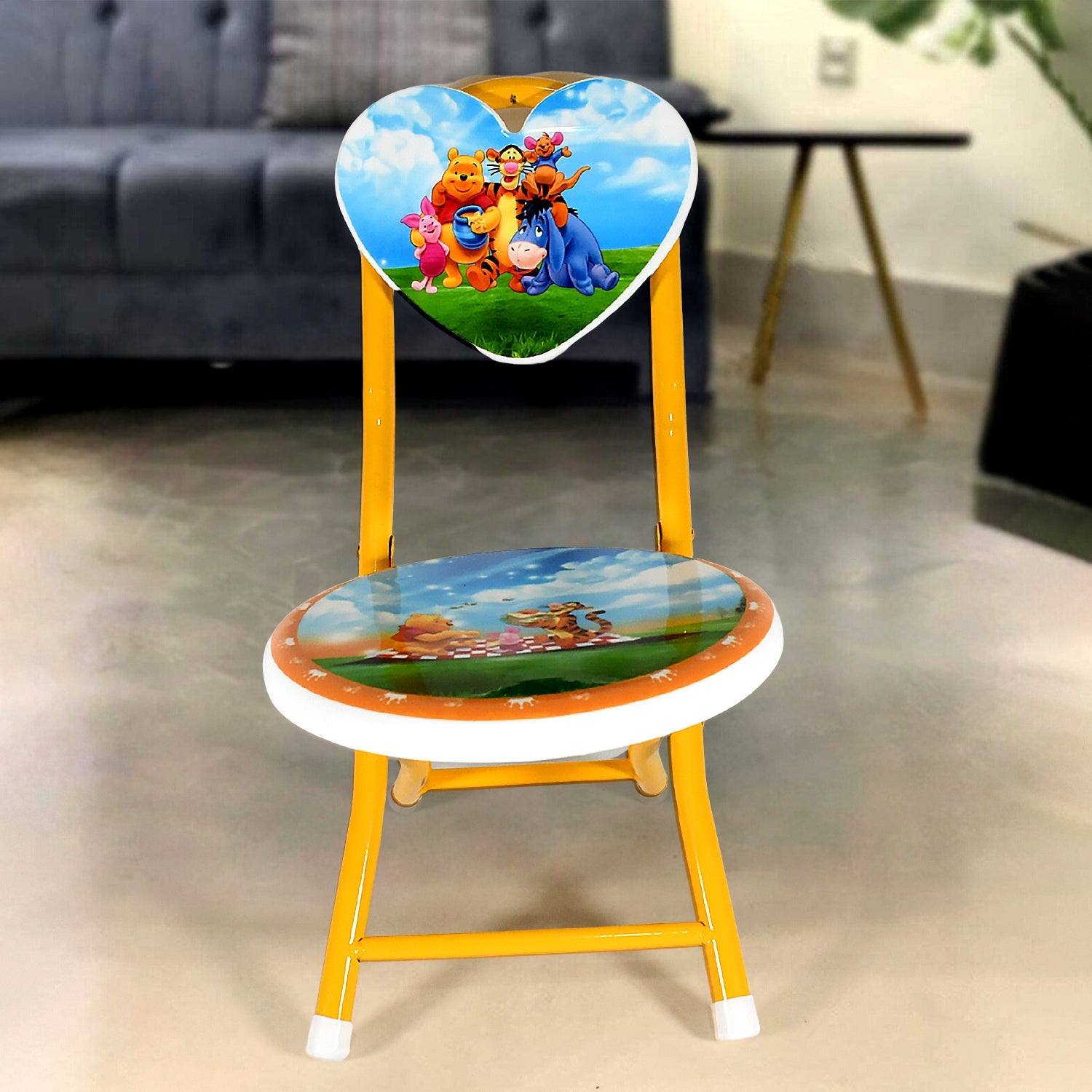 The compact folded state of the children's chair, highlighting its easy storage.
