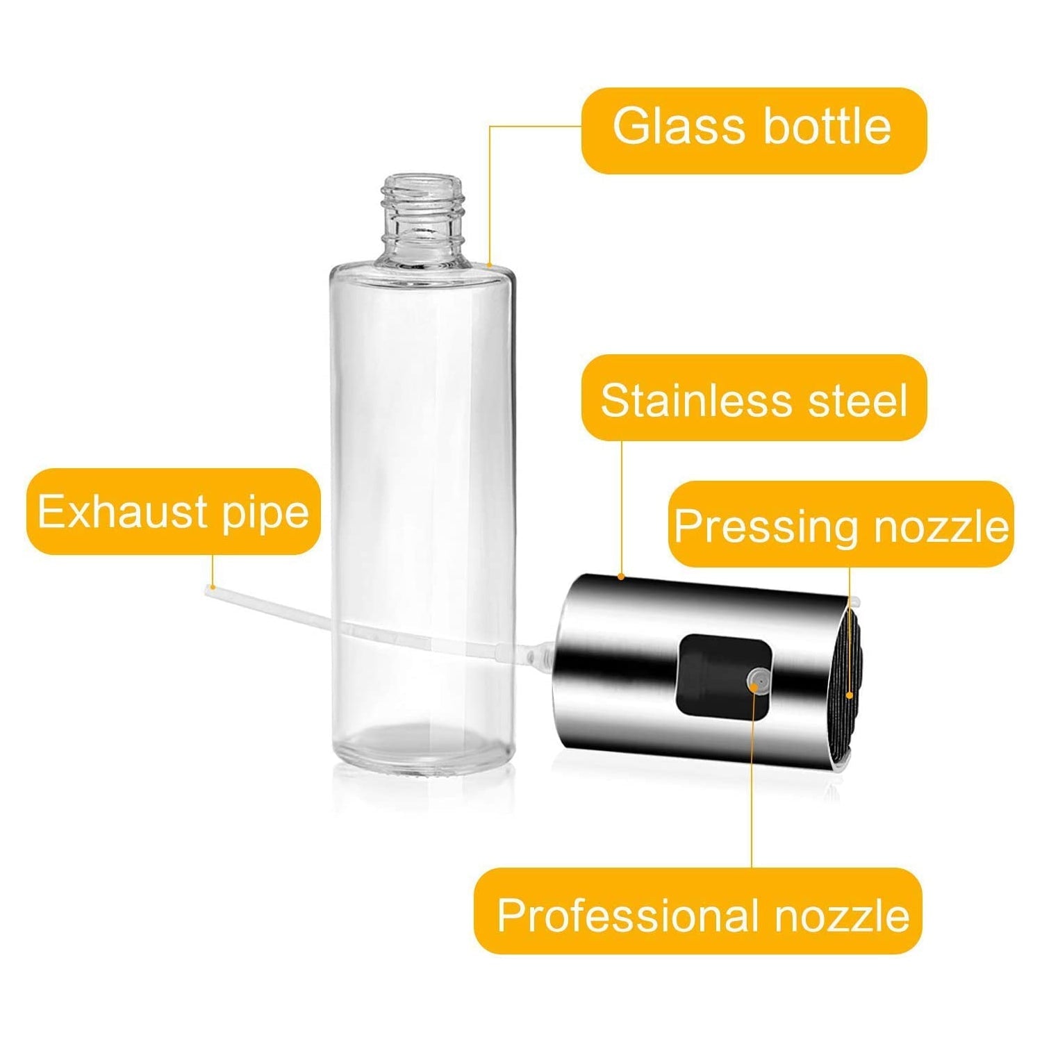 Transparent glass bottle to easily see oil levels.