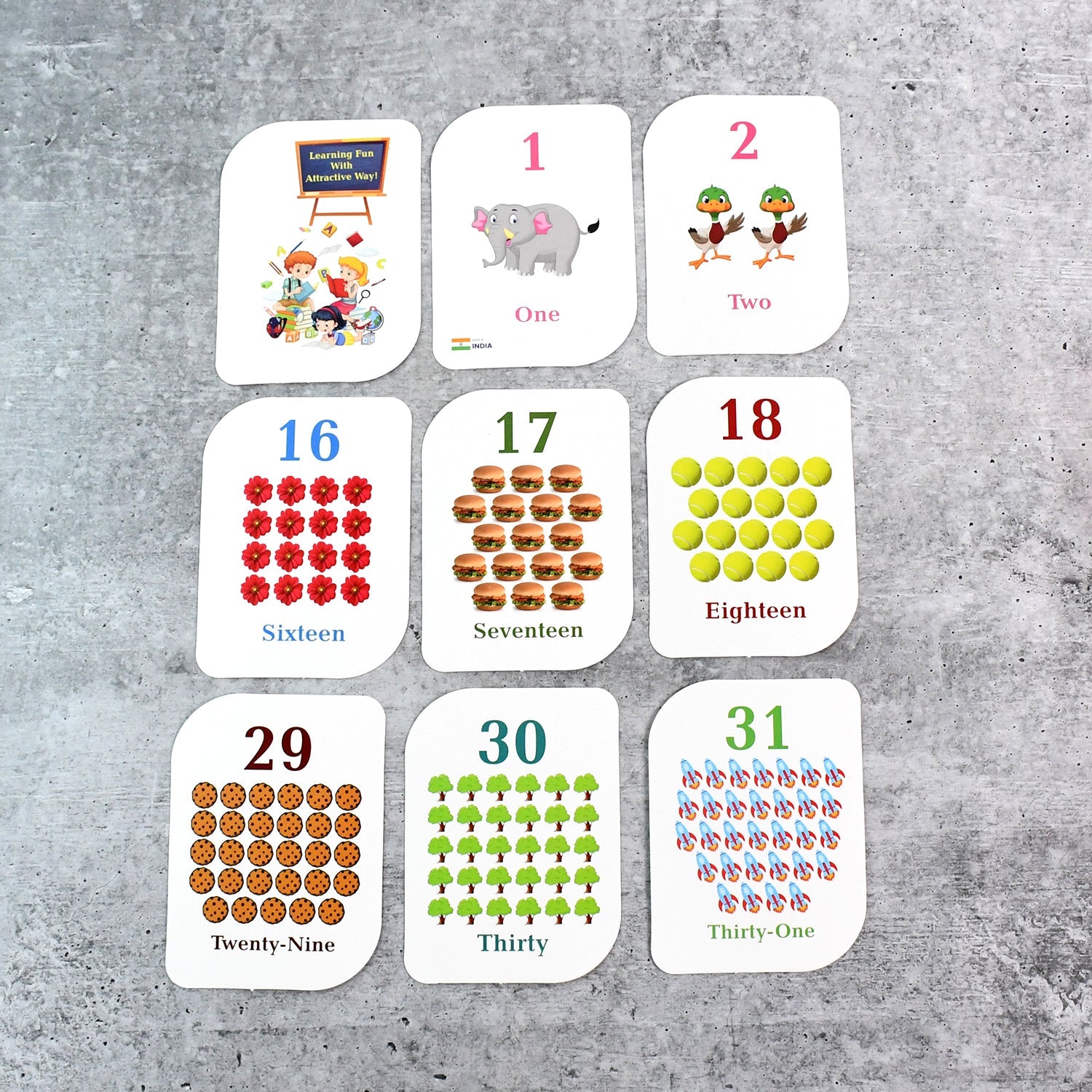 Classroom style counting cards with visual aids for preschool kids