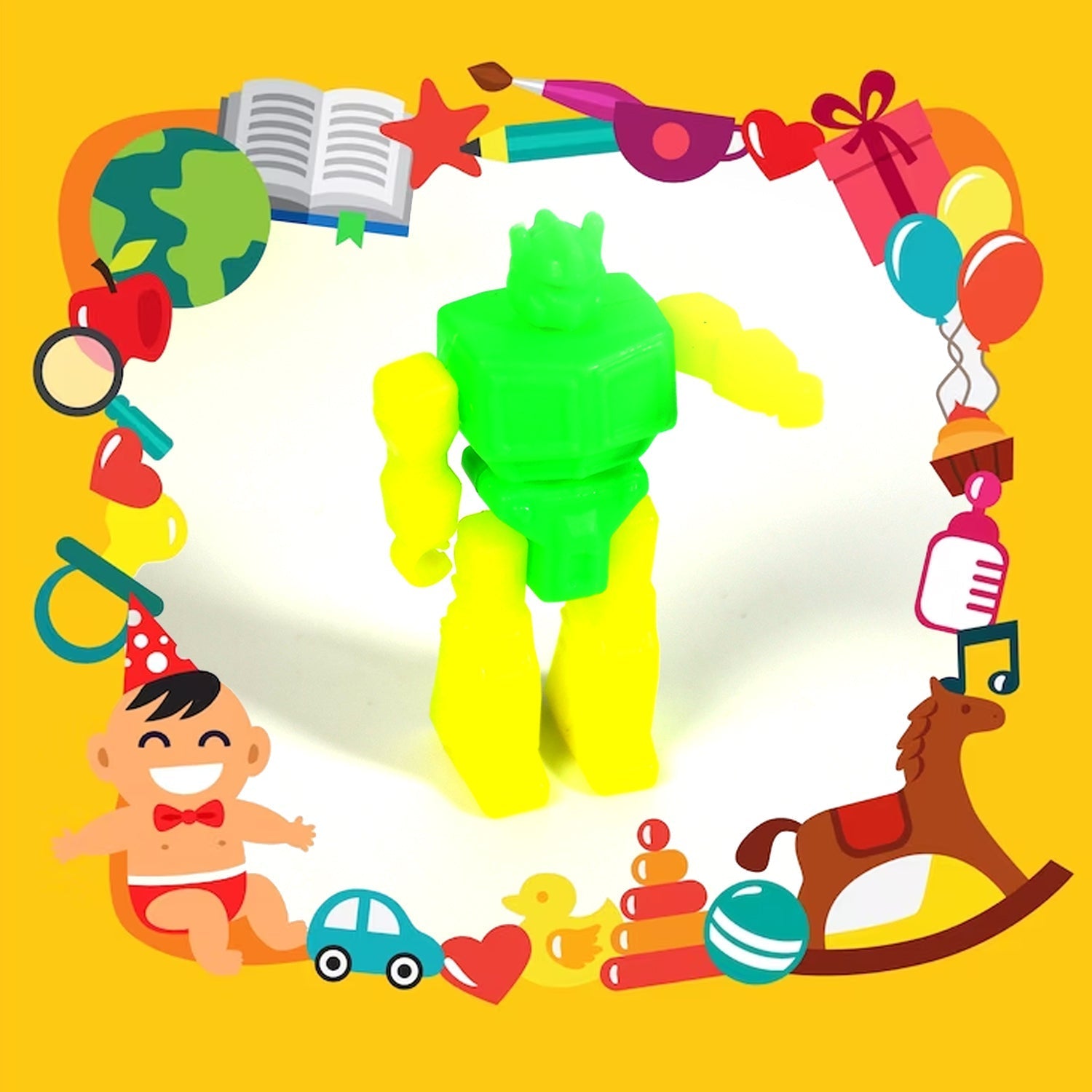Brightly colored variety of plastic toys for kids.