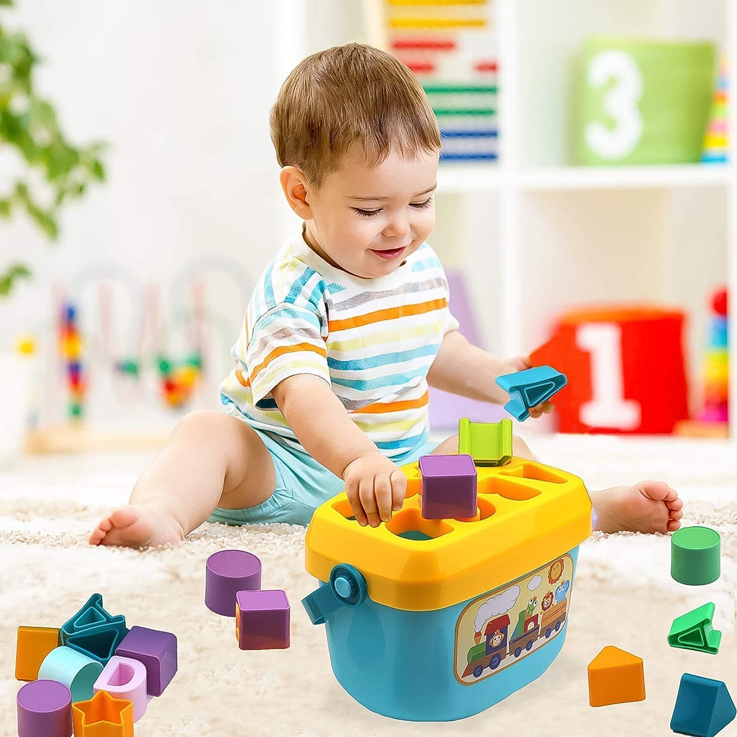 A child's hands engaging with the non-toxic geometric blocks, practicing sorting.