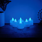 Close-up view of a single Blue LED Tea Light Candle with flickering LED light