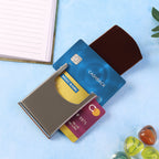 Compact business card holder wallet featuring a leather finish