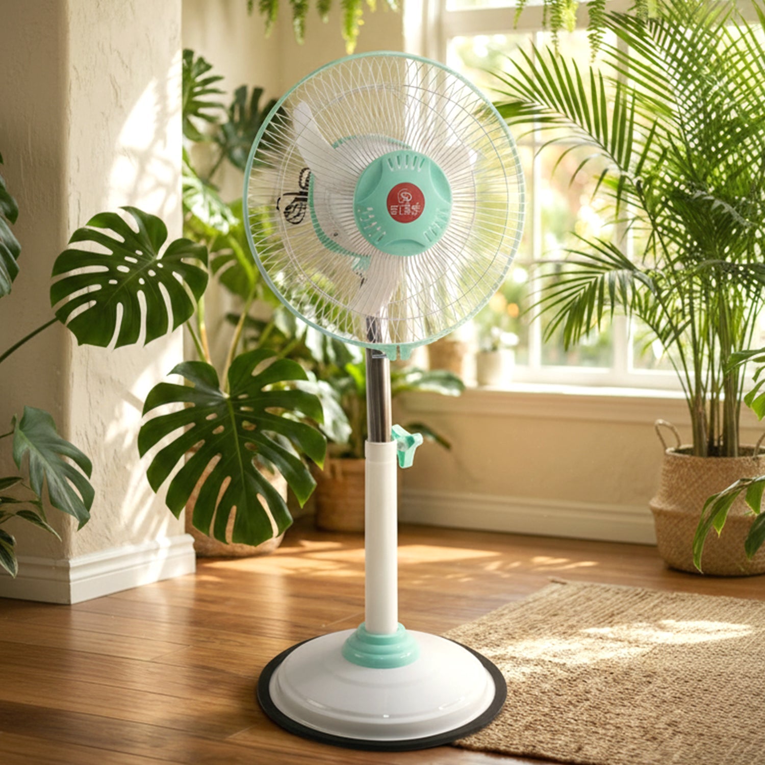 Lifestyle shot of pedestal fan in use, missing adapter