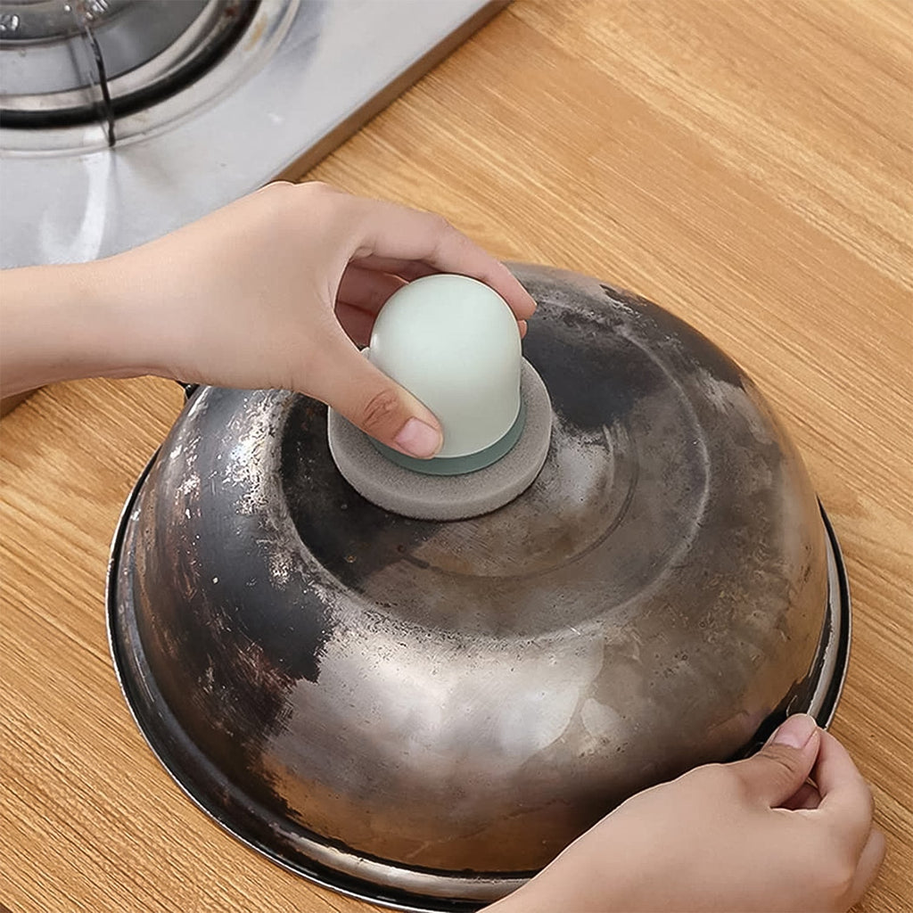 Durable scouring pad attached to ergonomic handle scrubber