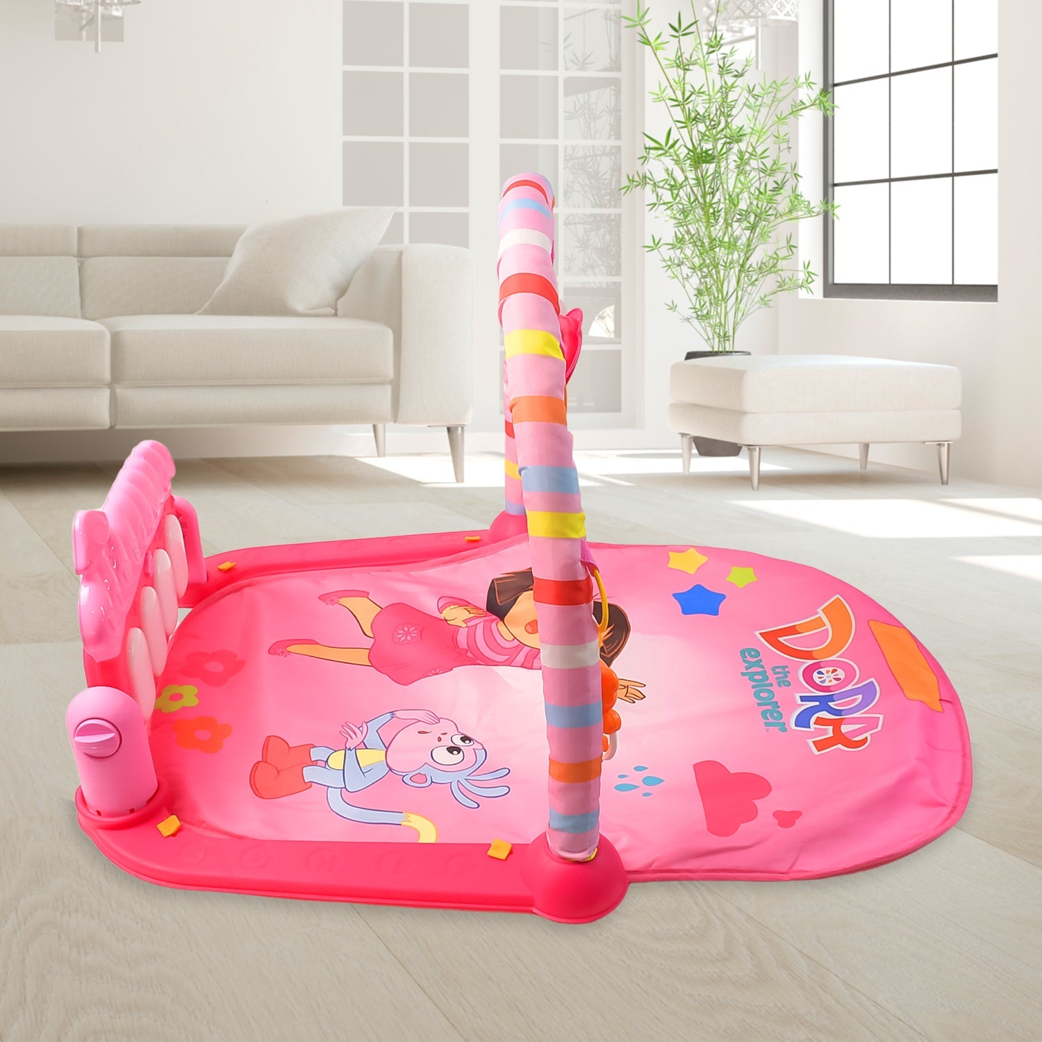 Detailed view of the Aditi Baby Play Gym Mat's interactive features and soft mat.