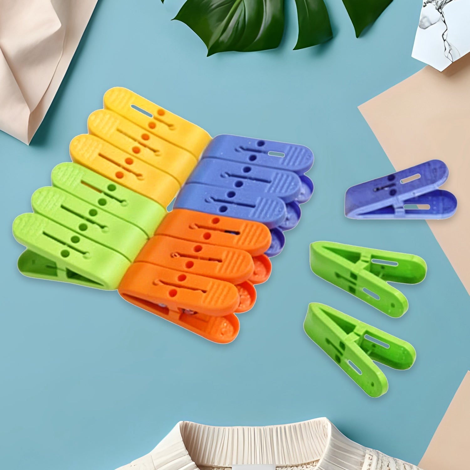 Convenient set of colorful plastic laundry pegs for everyday household use.
