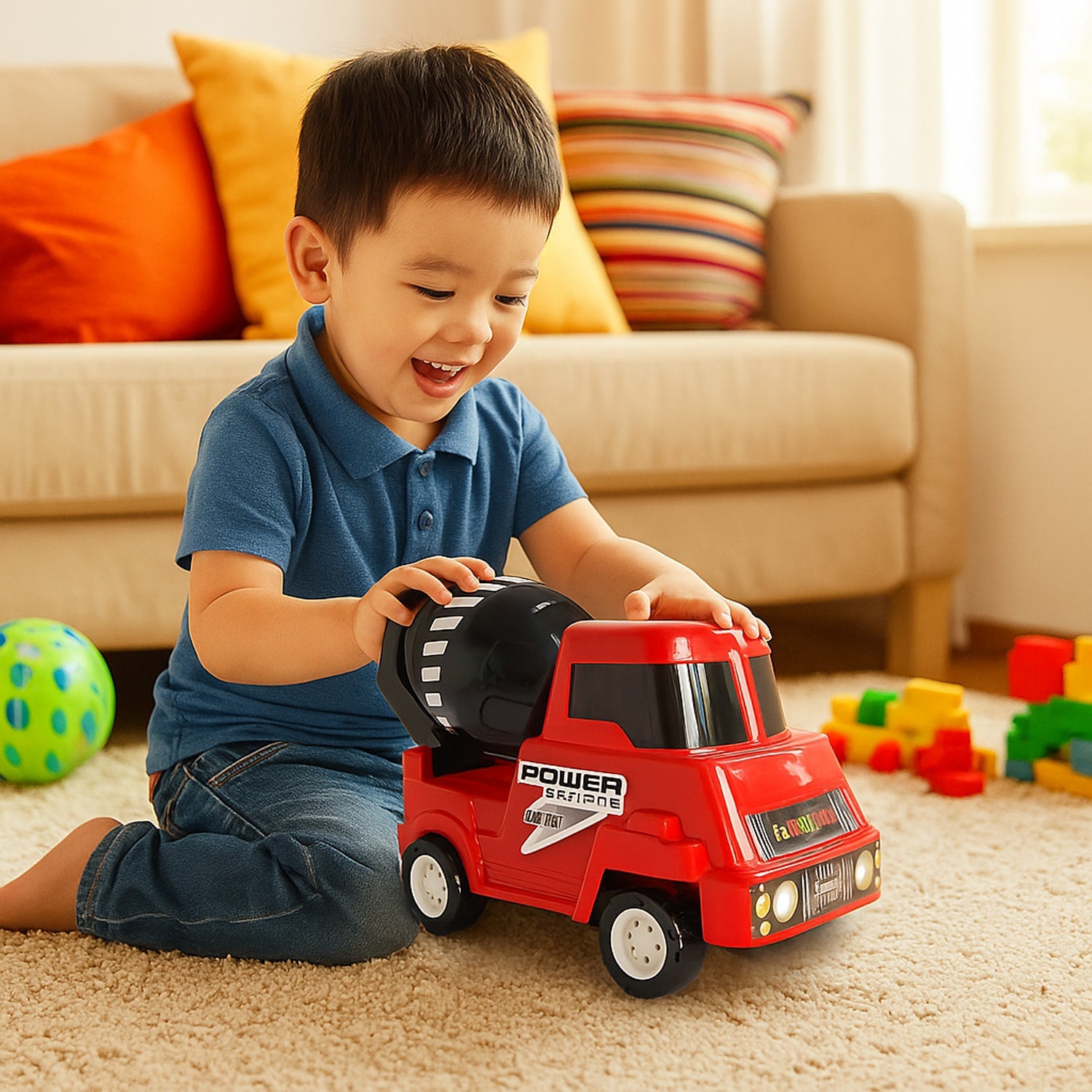 Kids cement mixer toy truck with rotating drum in action