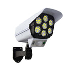 Another angle of the AutoSafeo solar dummy security camera light on a wall.