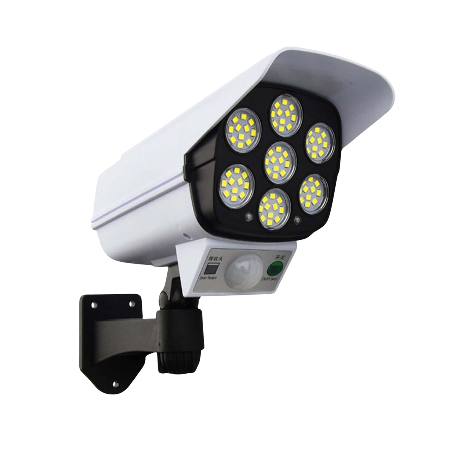 Another angle of the AutoSafeo solar dummy security camera light on a wall.