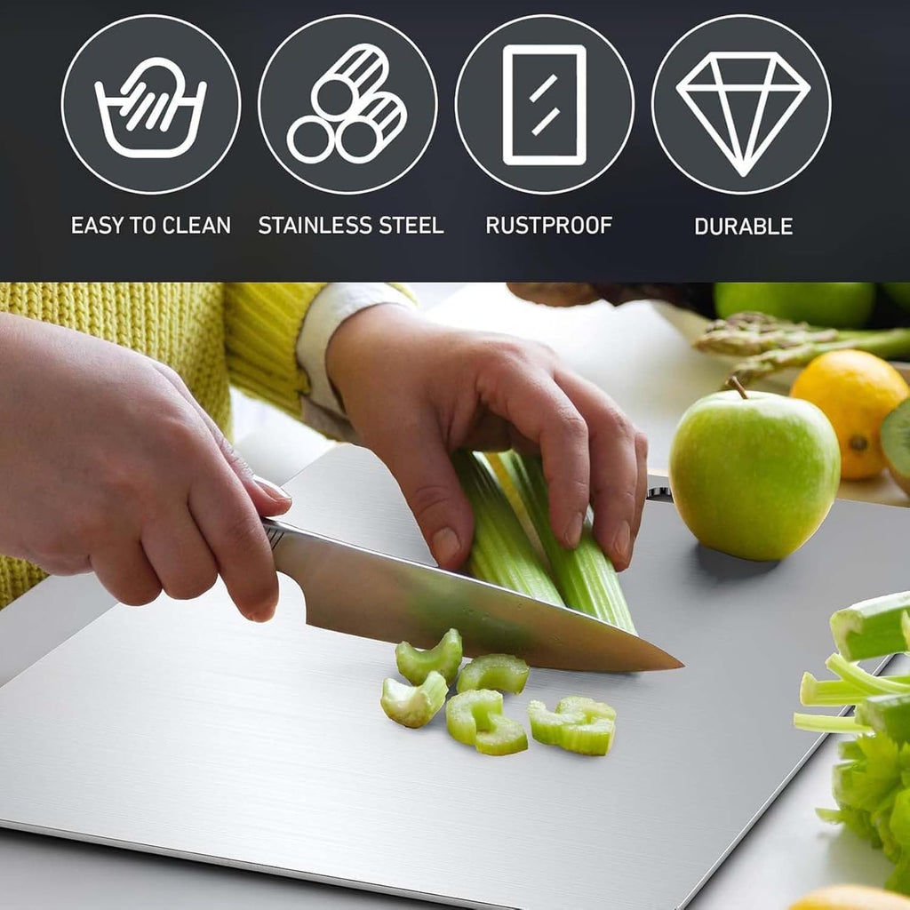Stainless steel chopping board designed for easy cleaning and durability