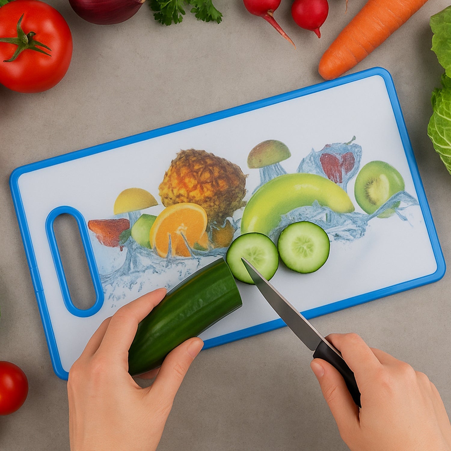 Rectangular fruit print cutting board spacious surface for food prep