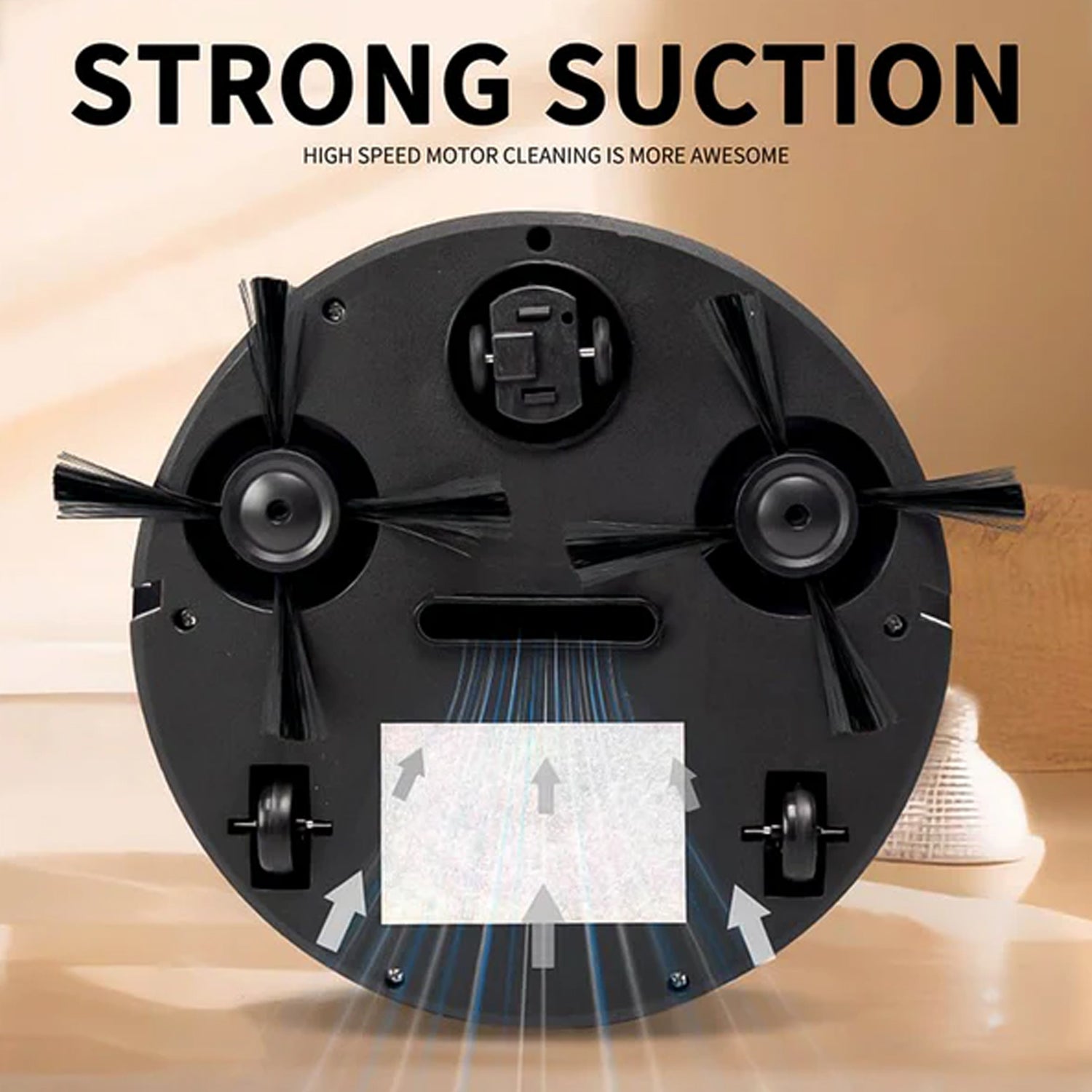Vacuum Cleaner Sweeping Robot beside furniture illustrating compact size and scale