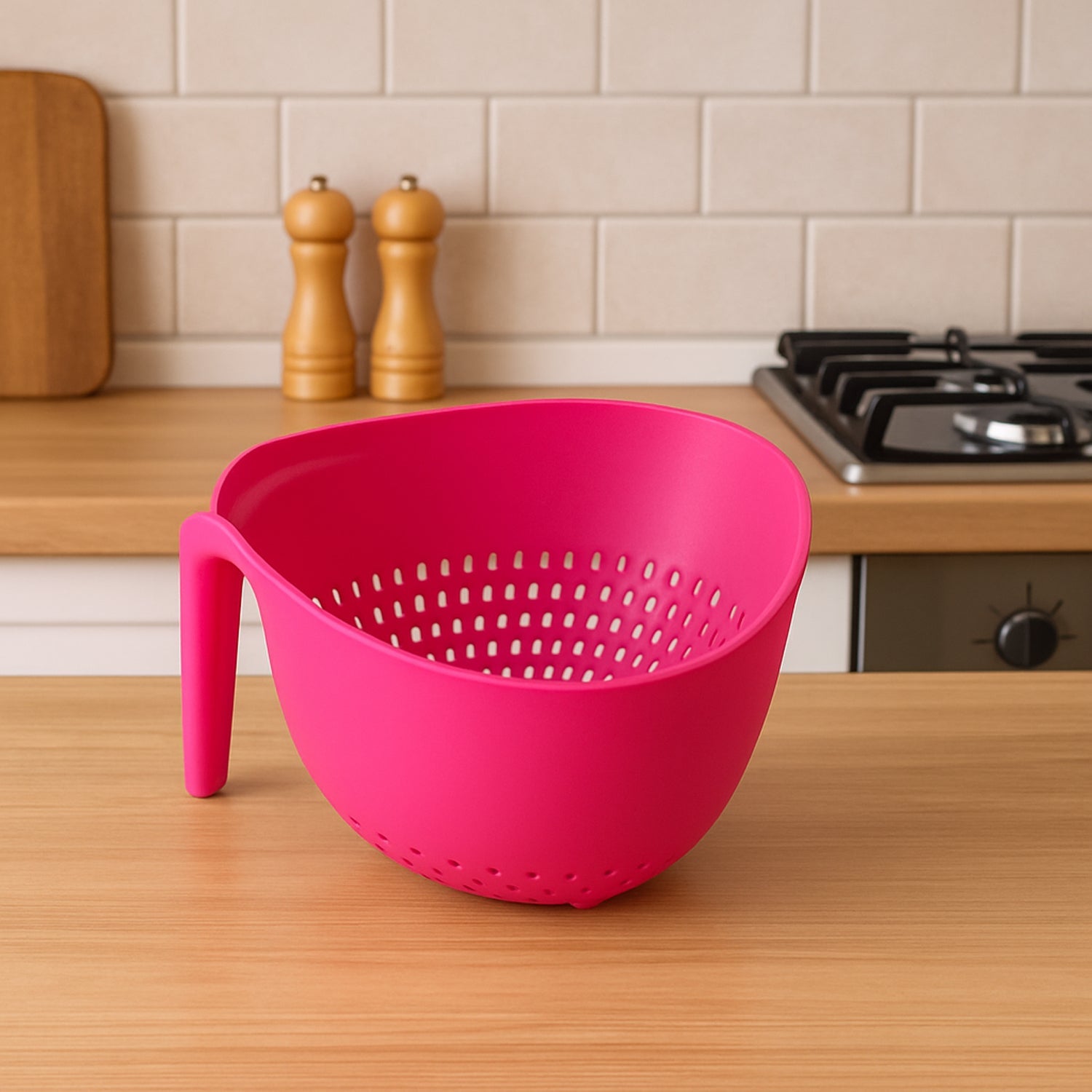 Underside of triangular kitchen colander showing stable base design