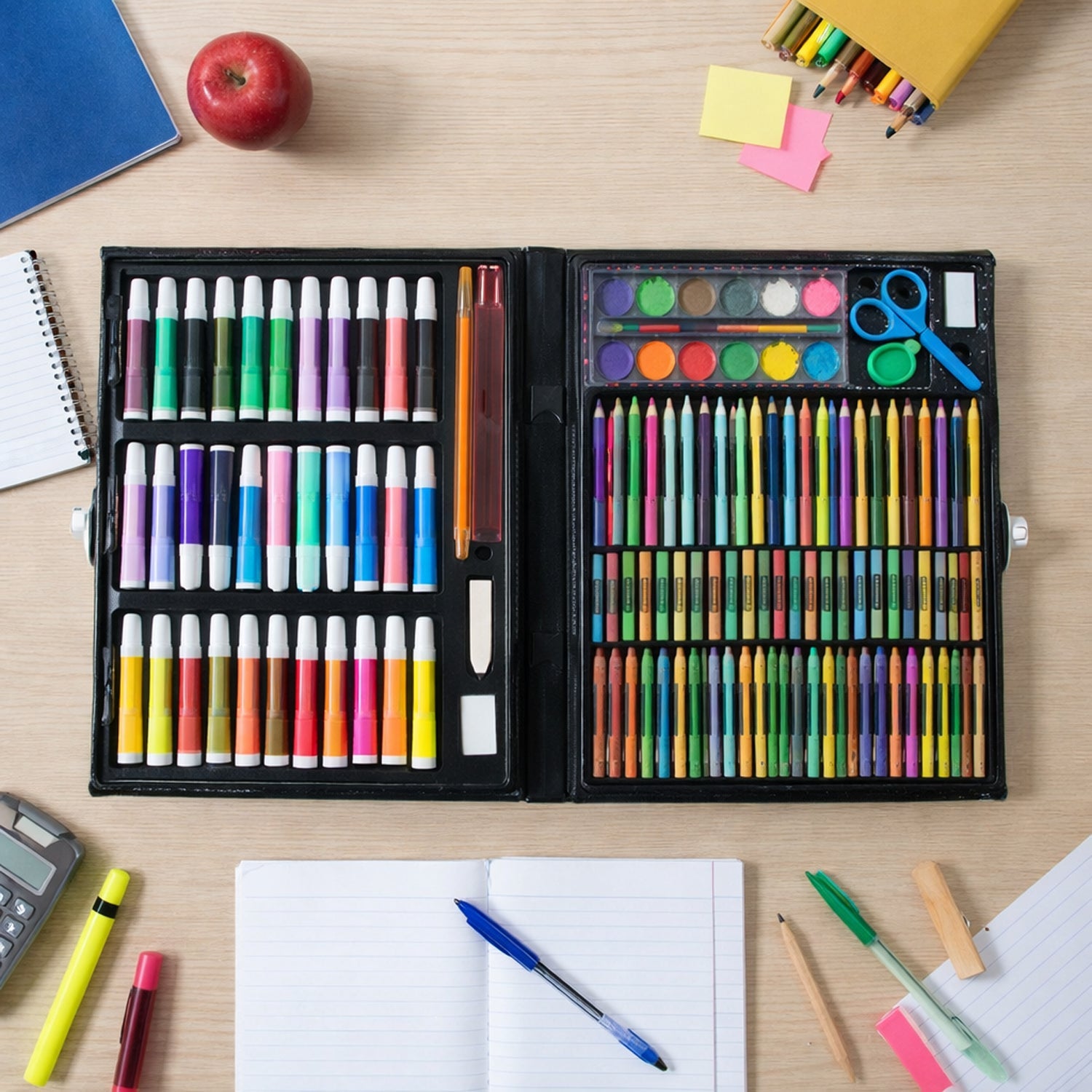 Drawing art kit with sketch pens and crayons for creative coloring activities