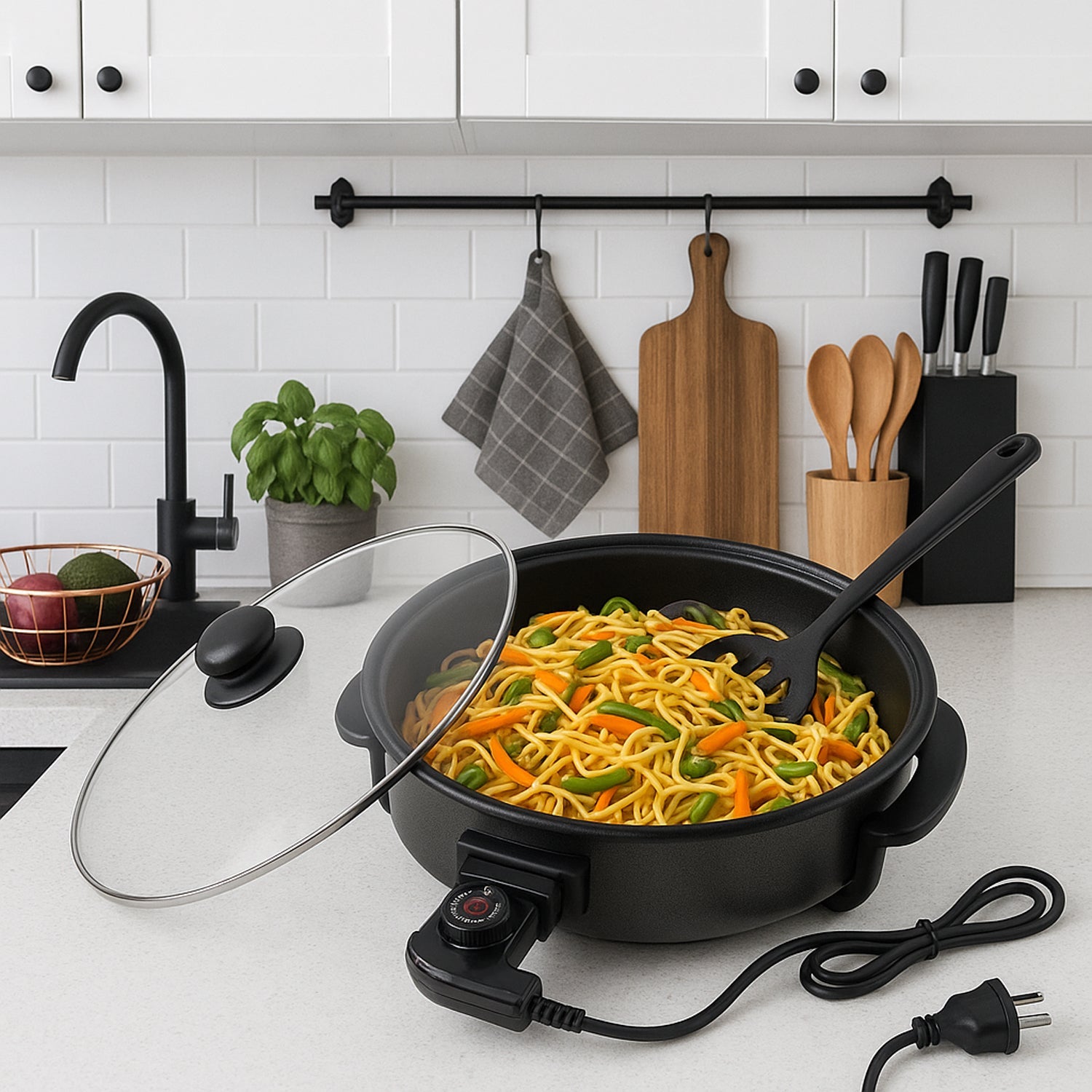 Cooking device with transparent glass lid and adjustable temperature control