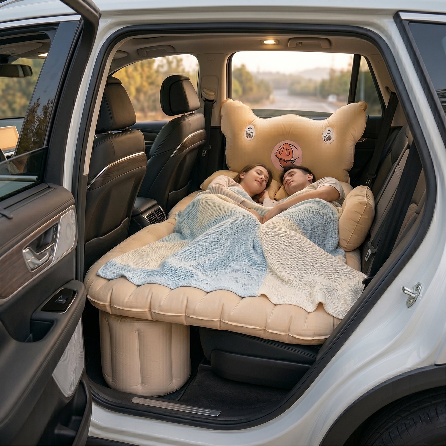 Couple relaxing on inflatable car mattress showing comfort