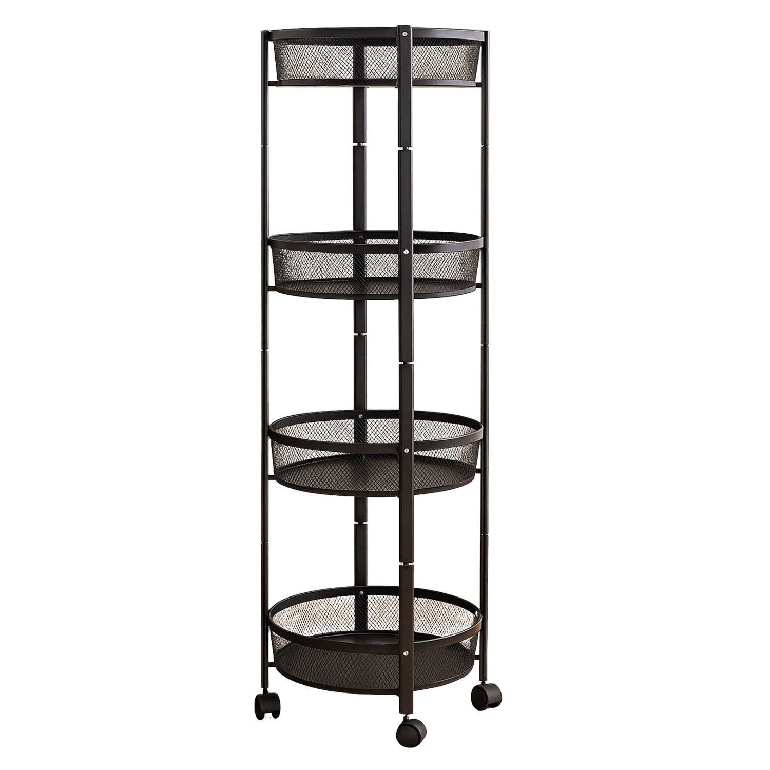 All-purpose 4-tier round mesh storage trolley ideal for kitchen and bathroom