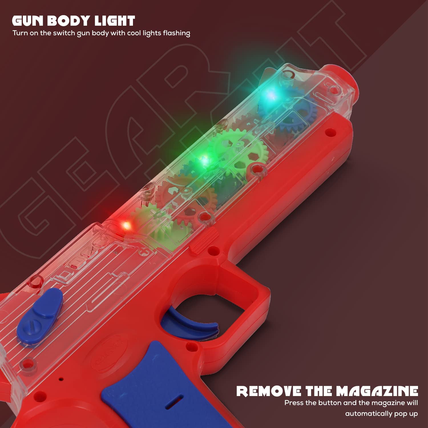 A child's hand securely holding the Transparent Gear Toy Gun during playtime.