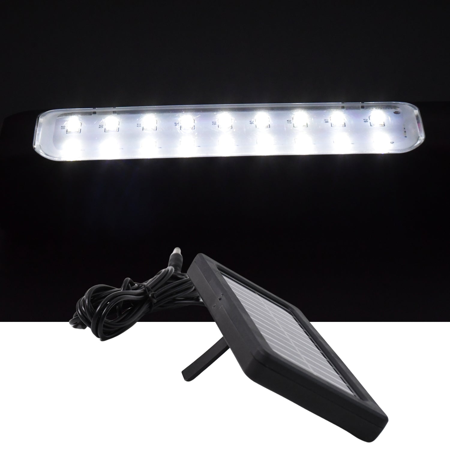 Eco shine mode lit on outdoor hanging solar LED light in garden setting