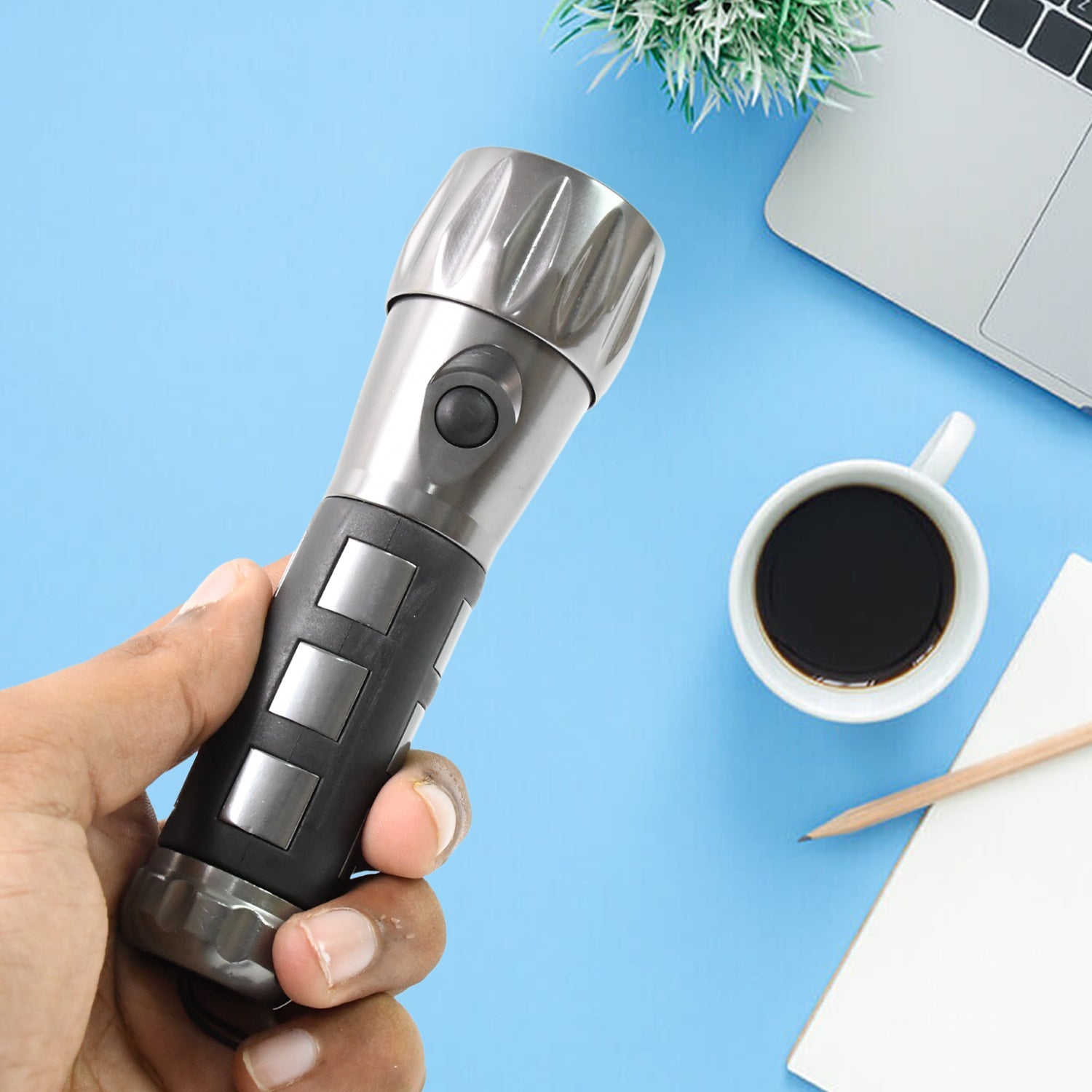 Side view of the sleek aluminium LED Hand Torch by Indo Glow.
