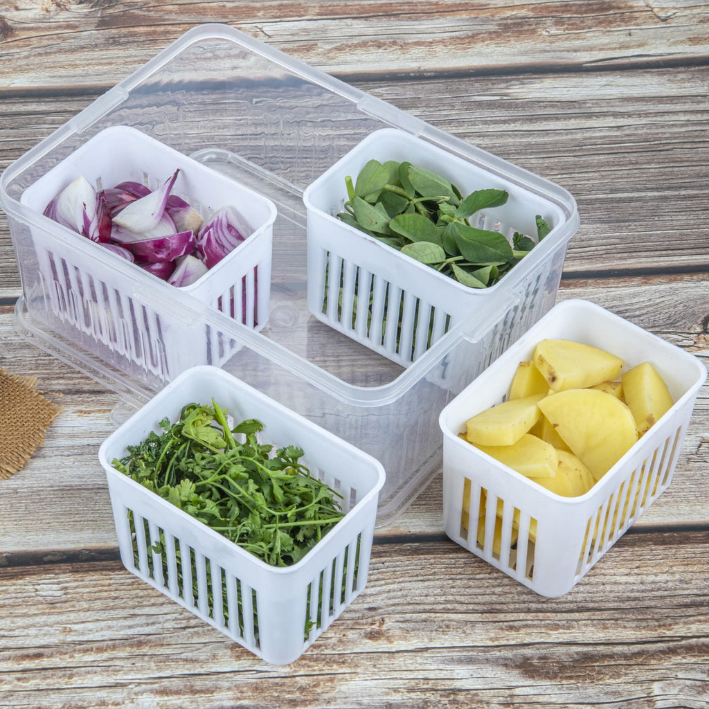 Airtight kitchen fridge organizer box with a secure lid for prolonged freshness.