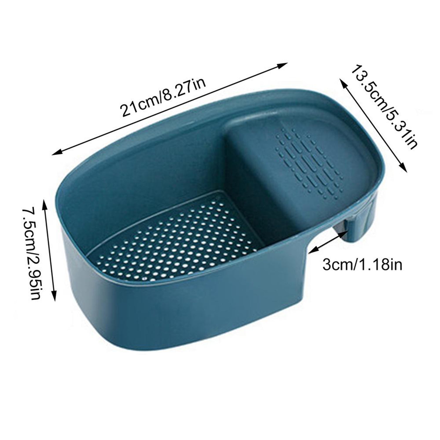 Versatile sink basket and drying rack for washing vegetables and fruits.