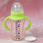 Side view of the Feedora baby bottle, showcasing its durable plastic construction and straw.