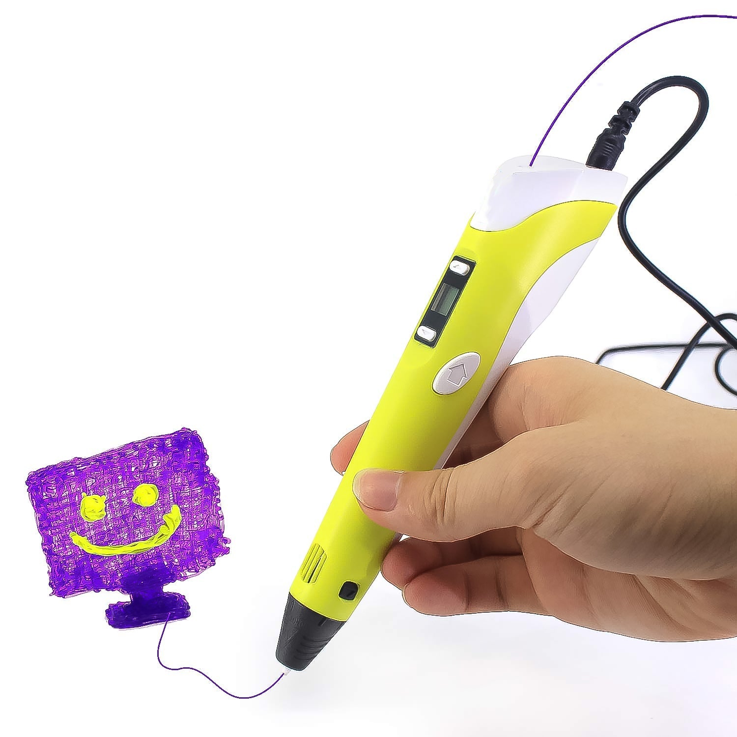 Contents of the 3D printing pen set, including the pen, filaments, USB cable, and stand.