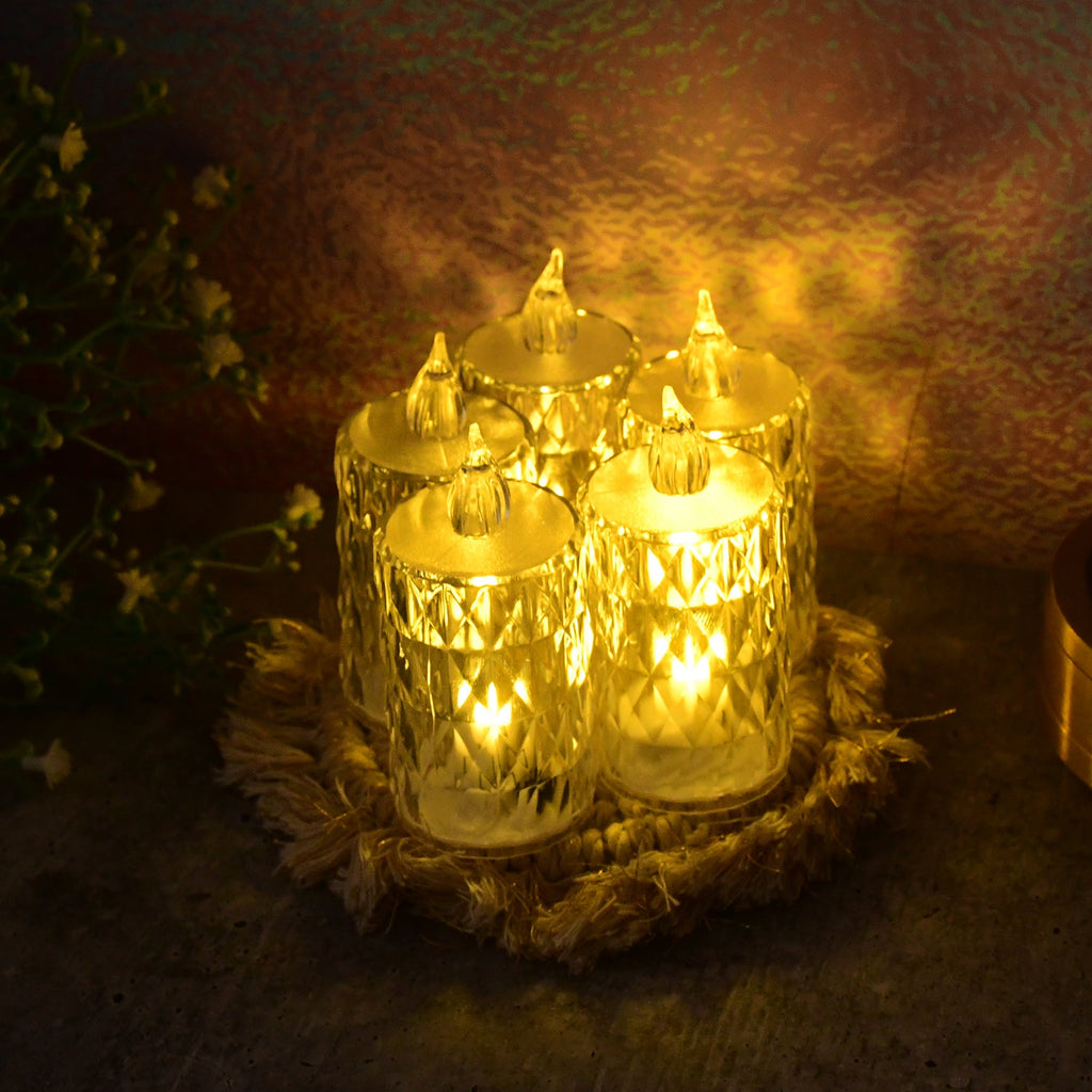 Portable flameless candle set with crystal glass effect for safe lighting