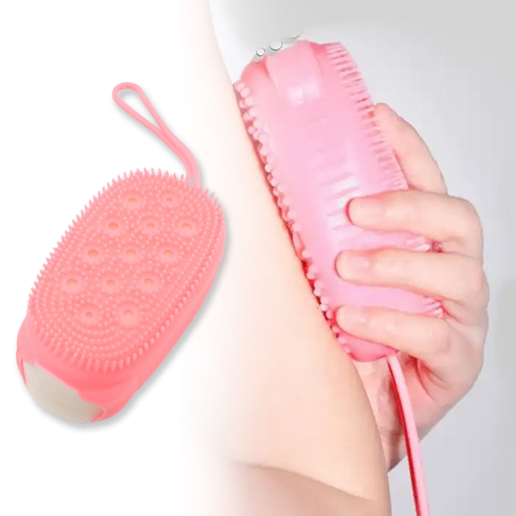 Ultra-soft silicone scrubber with textured surfaces for gentle body exfoliation.