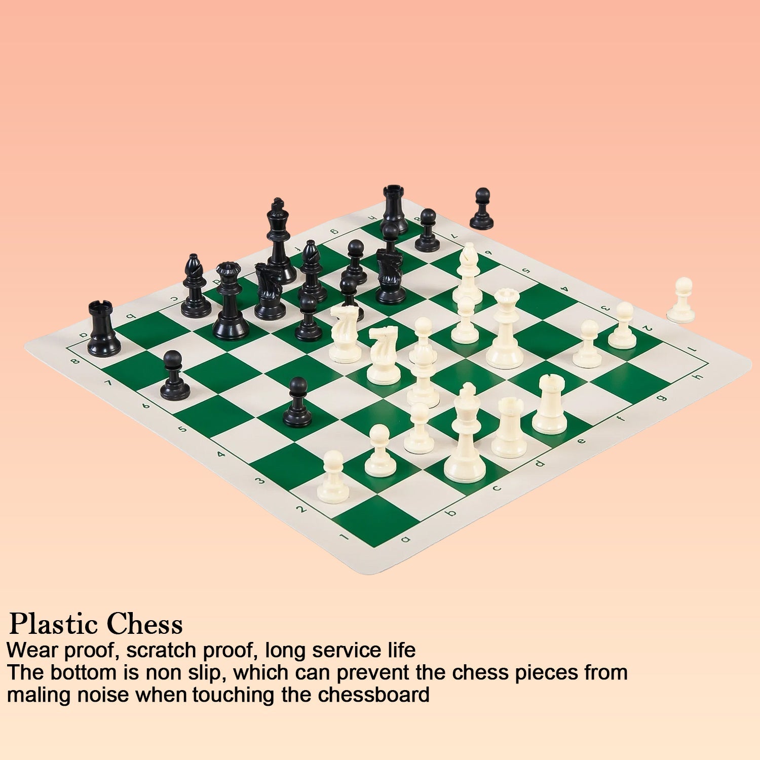 Classic design plastic chess pieces on foldable vinyl chessboard