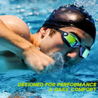 Side view of swimming goggles showing adjustable silicone strap and earplugs
