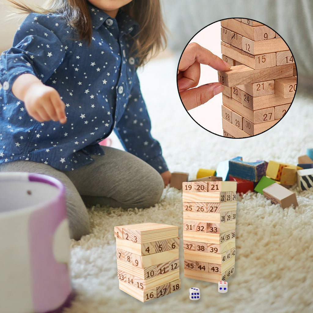 The portable carrying case for the wooden tumbling tower, with all the blocks neatly stored inside.
