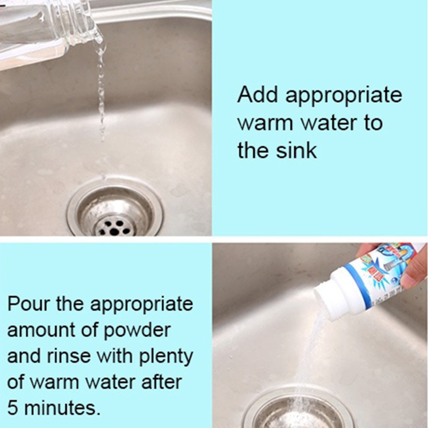 Sink drain cleaner powder used to clear a clogged toilet pipe.