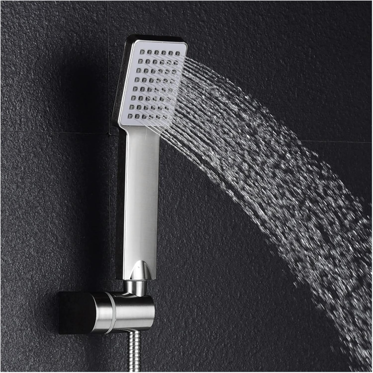 High pressure shower head spraying water, showcasing its powerful jet stream.