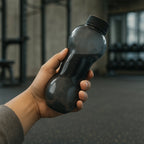 A 550ml dumbbell water bottle filled with water, placed next to gym equipment for active hydration.