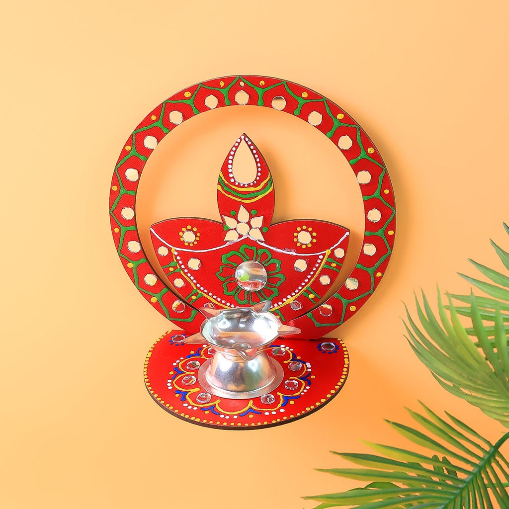 Decorative indoor wooden diya stand perfect for puja rituals