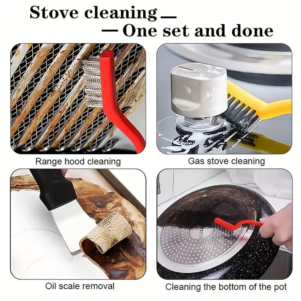 Complete 5-piece wire brush and scraper kit tackles tough stains and grime.