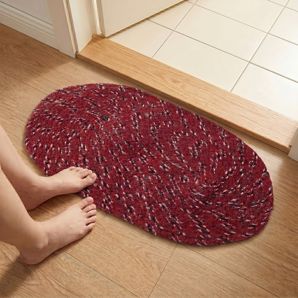 Cozy red oval floor mat that complements home decor