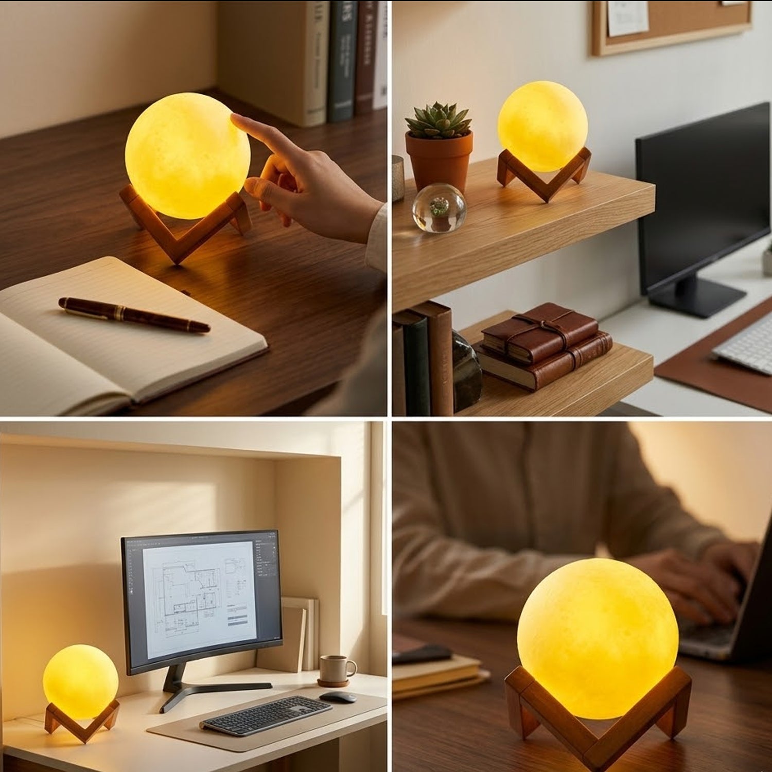 Cordless moon lamp on wooden stand for cozy lighting