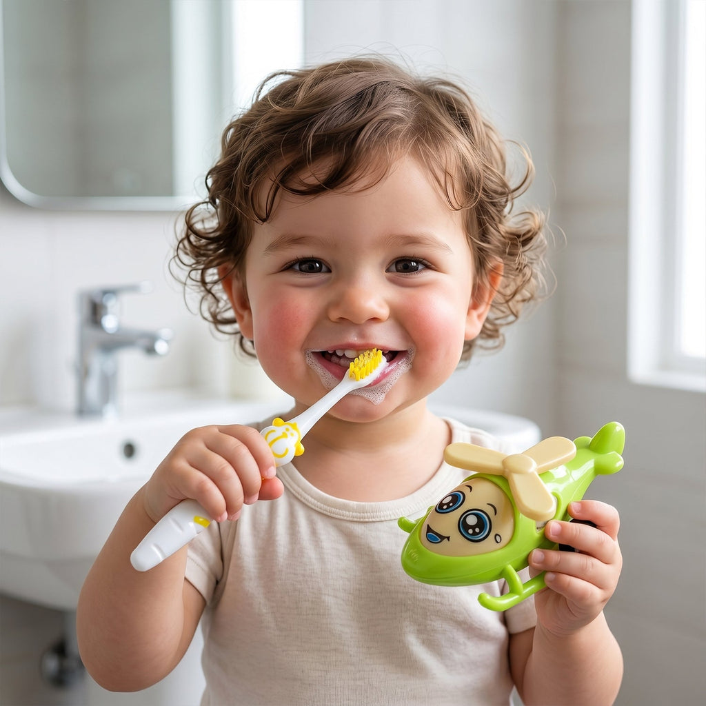 Yellow kids toothbrush with detachable helicopter toy