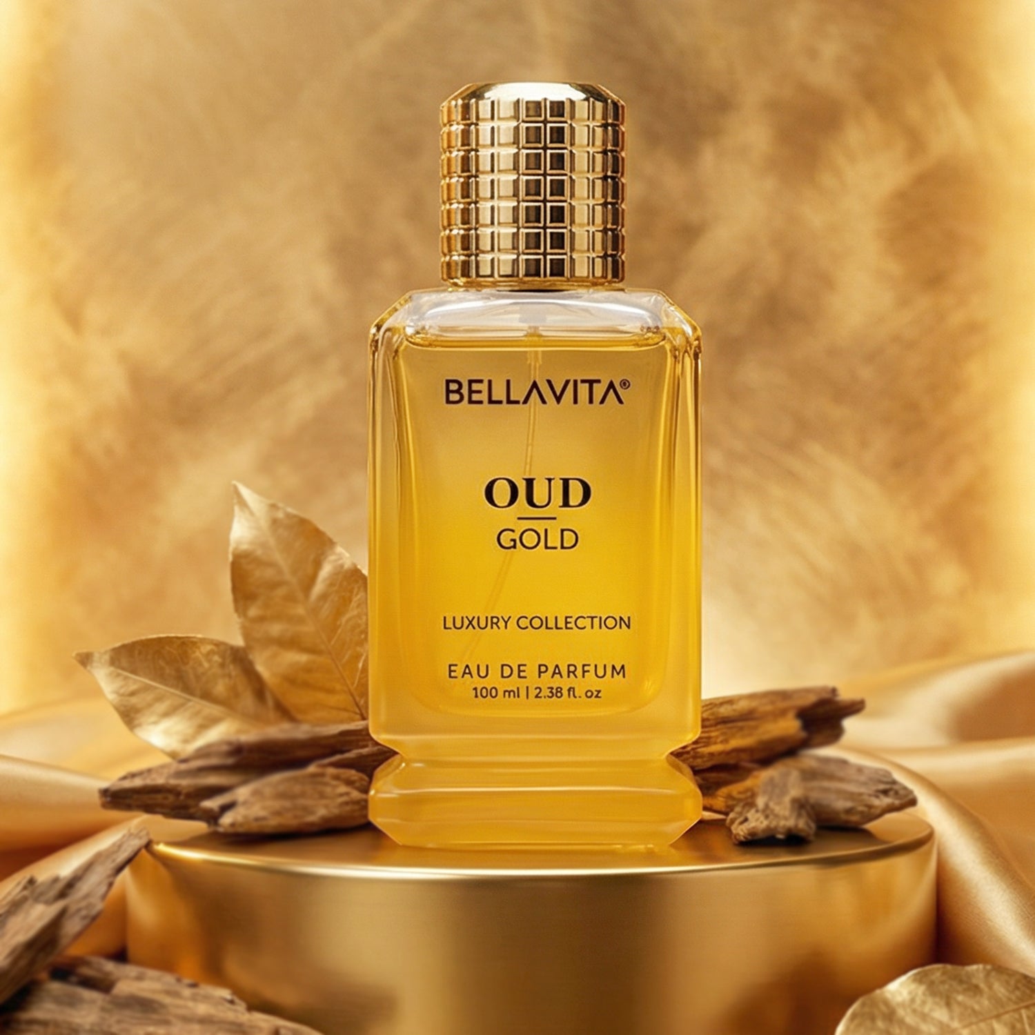 Front view of Bellavita Oud Gold perfume bottle with stylish design