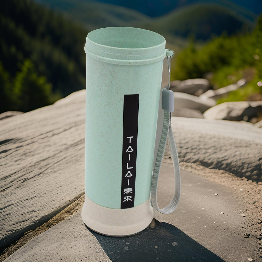 A 300ml portable water bottle with its lid, showcasing its compact design.