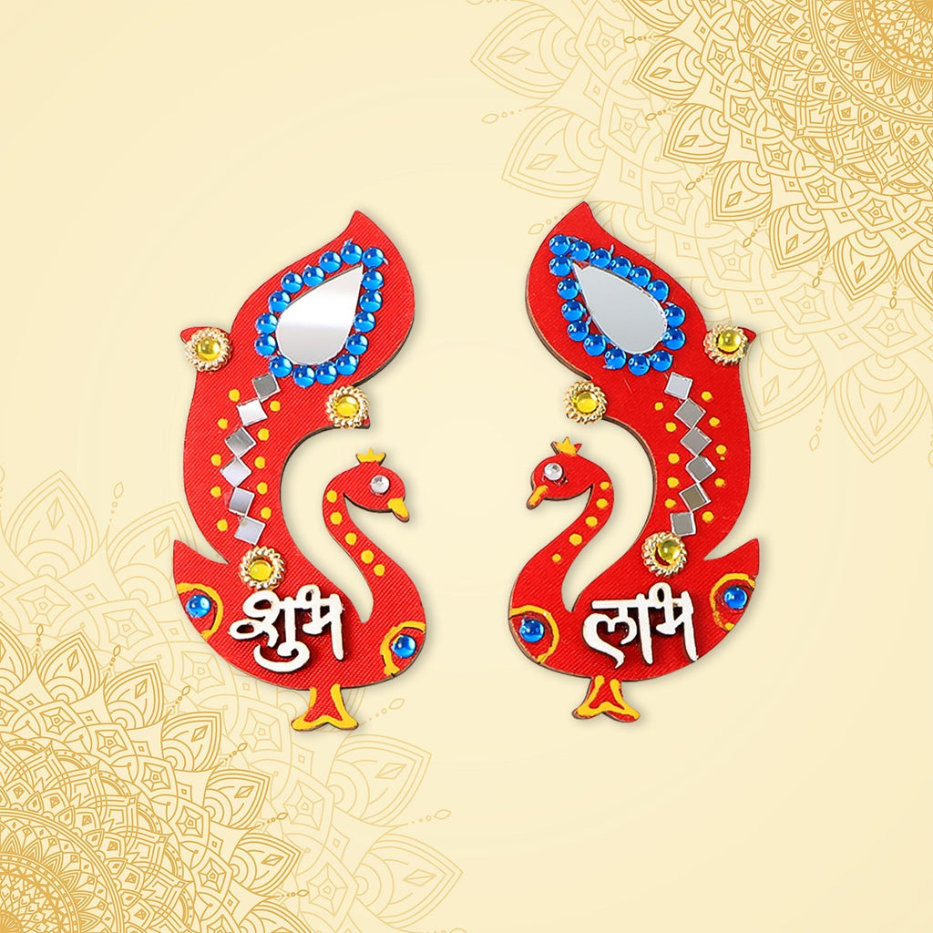Shubh Labh Wall Hanging featuring traditional peacock design with mirror and stone work