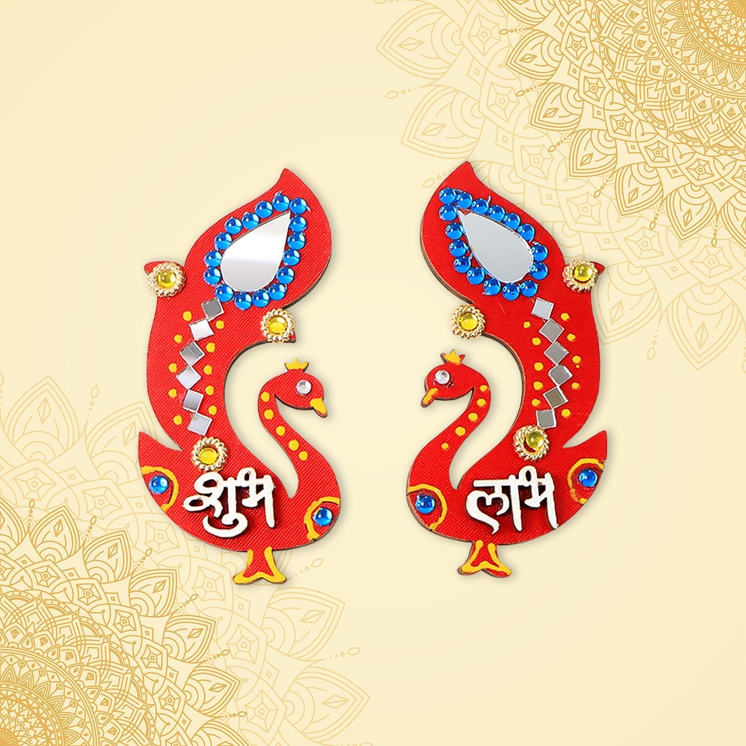 Shubh Labh Wall Hanging featuring traditional peacock design with mirror and stone work