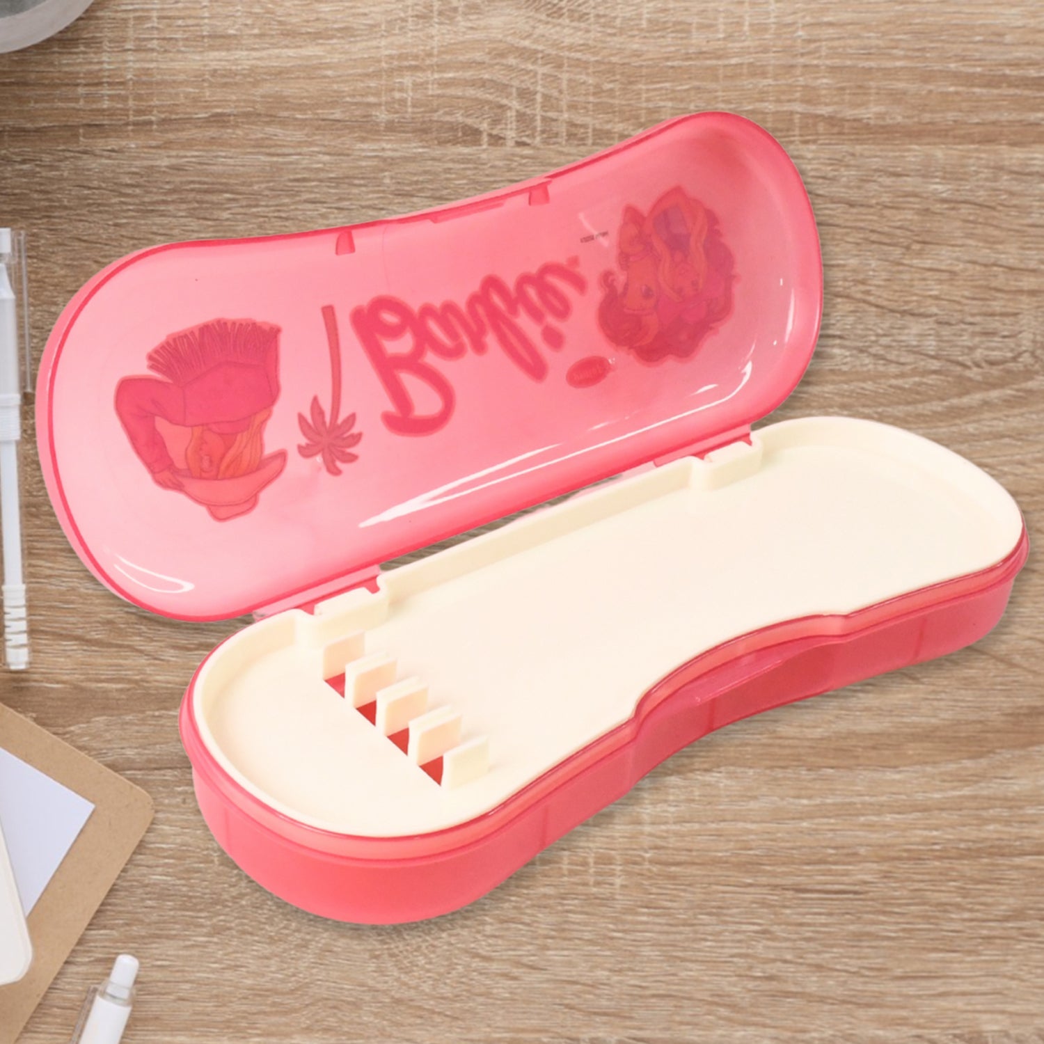 Pencil box for children with cartoon bear print and removable inner tray